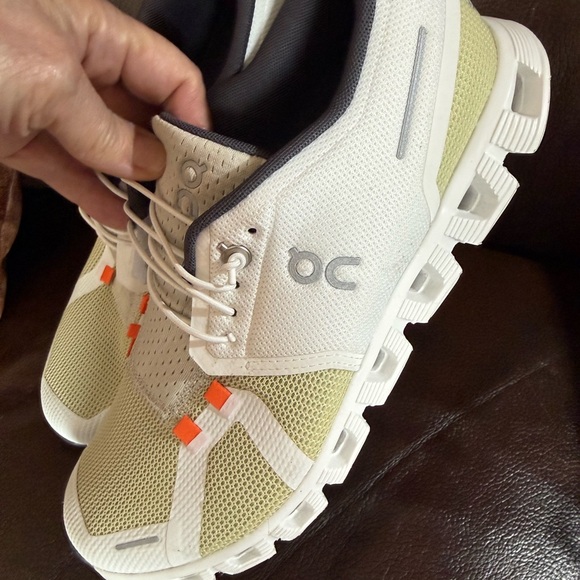 On Running Shoes - On Cloud Running Women's White and Green Athletic Shoes with Orange Highlights